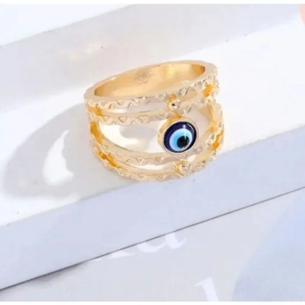 Bohemian Stylish Personality Blue Evil Eyes Golden Ring sz 9